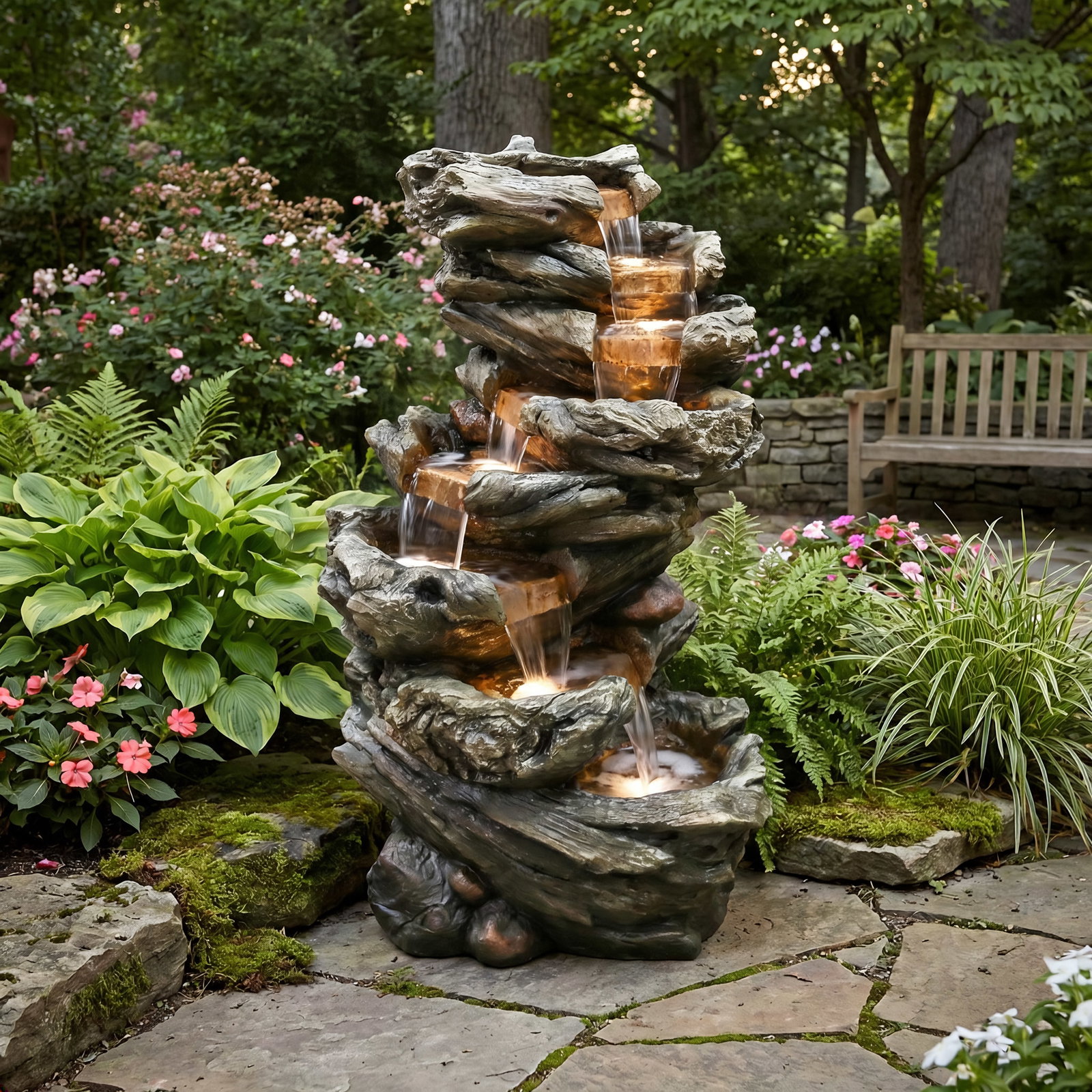 Gartenbrunnen mit Warmlicht, Echtholzoptik, 61 x 45 x 102 cm Gartenbrunnen mit Warmlicht, Echtholzoptik, 61 x 45 x 102 cm