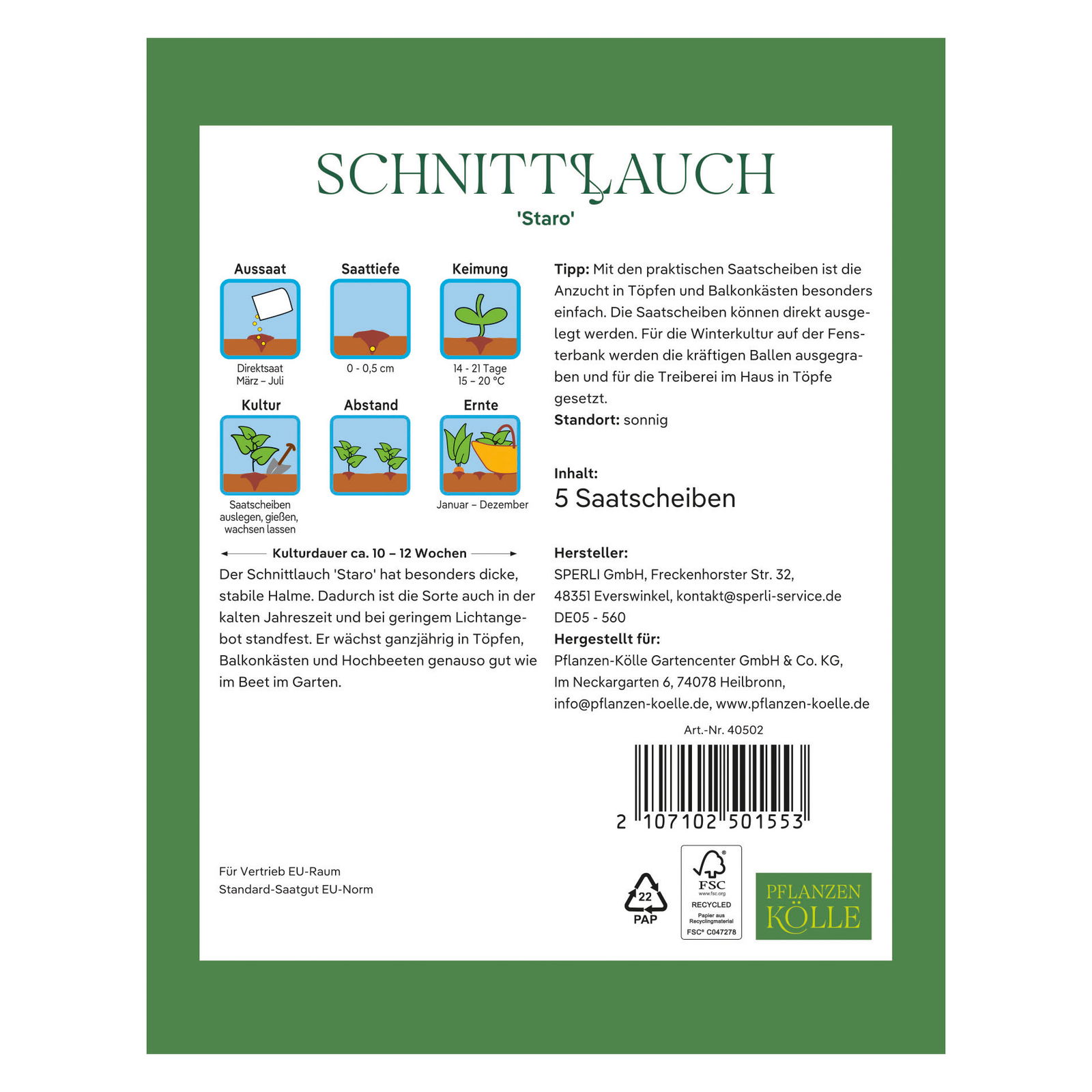 Kölles Beste Saatscheibe Schnittlauch 'Staro', grün