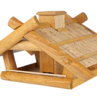 Vogelhaus mit Strohdach und Futterkamin Vogelhaus mit Strohdach und Futterkamin
