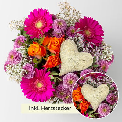 Blumenstrauß 'Orange meets Pink' inkl. Herzstecker natur, handgebunden, Größe M Blumenstrauß 'Orange meets Pink' inkl. Herzstecker natur, handgebunden, Größe M