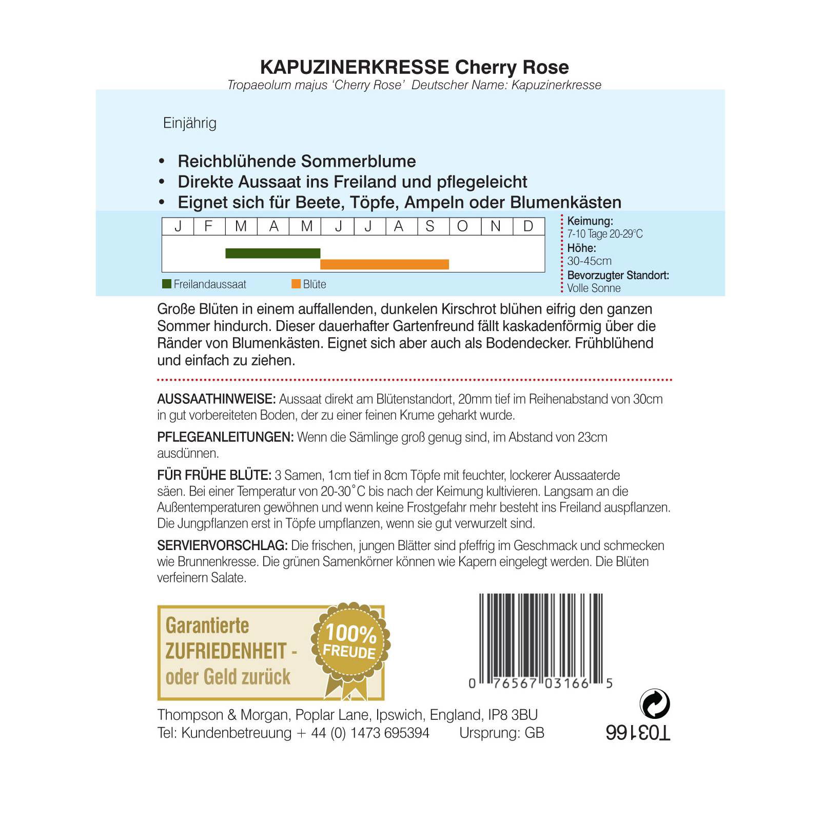 Thompson & Morgan Blumensamen Kapuzinerkresse Cherry Rose Jewel