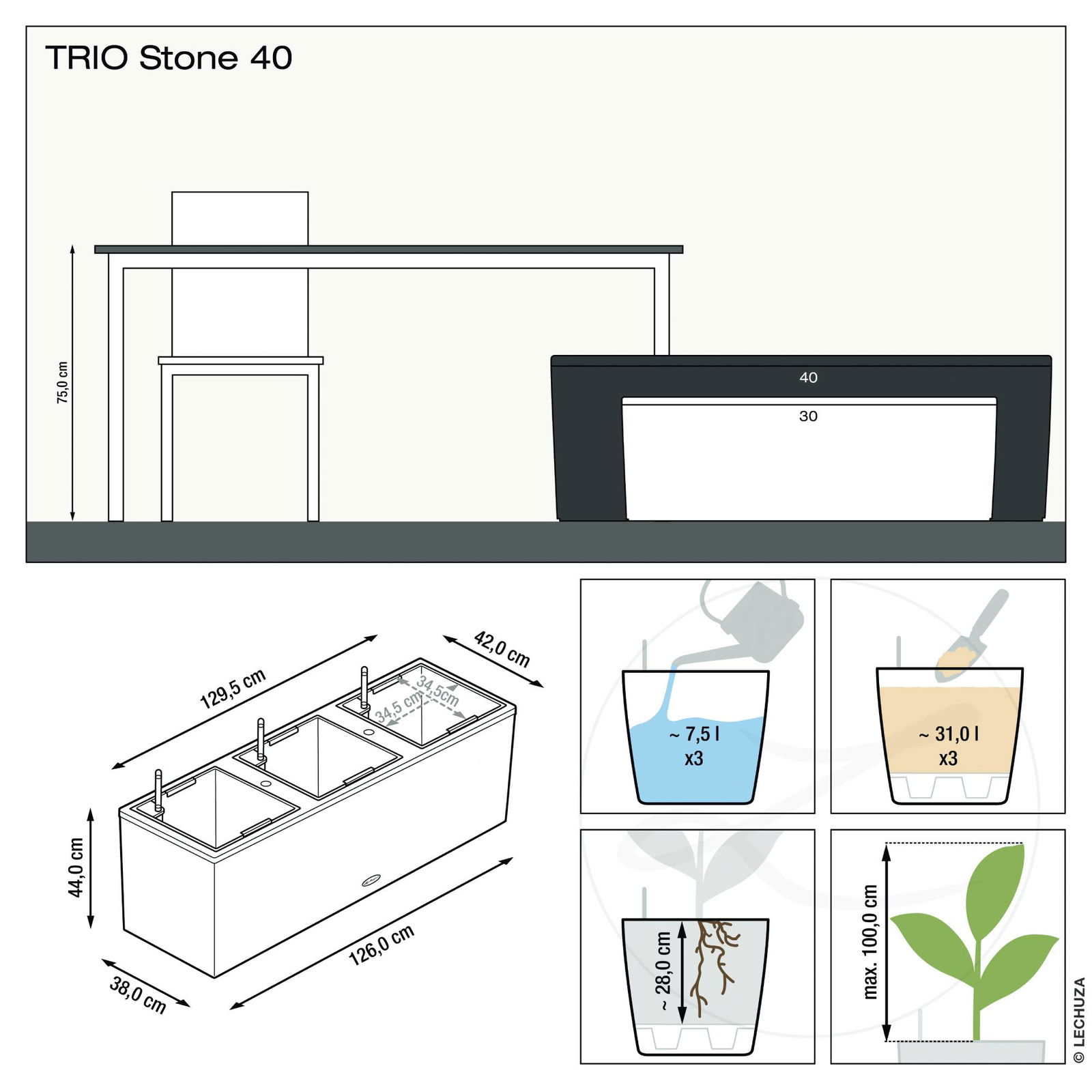 Lechuza® 'Trio Stone 40', quarzweiß, 129,5 x 42 x H 44 cm