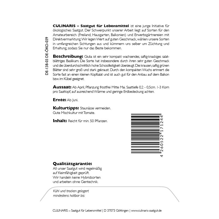 Thompson & Morgan Saatgut Basilikum 'Giulia', grün