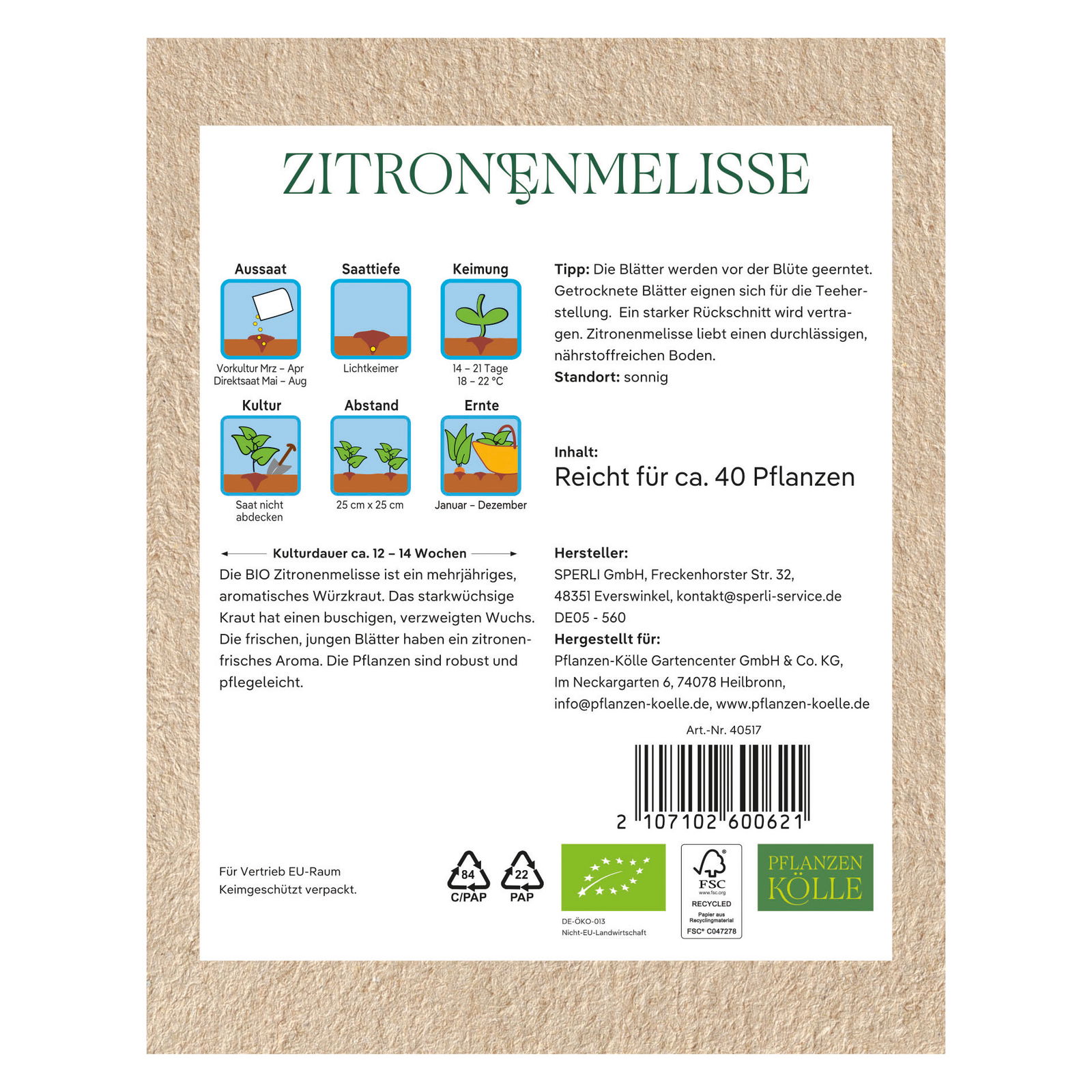 Kölle Bio Saatgut Zitronenmelisse, grün