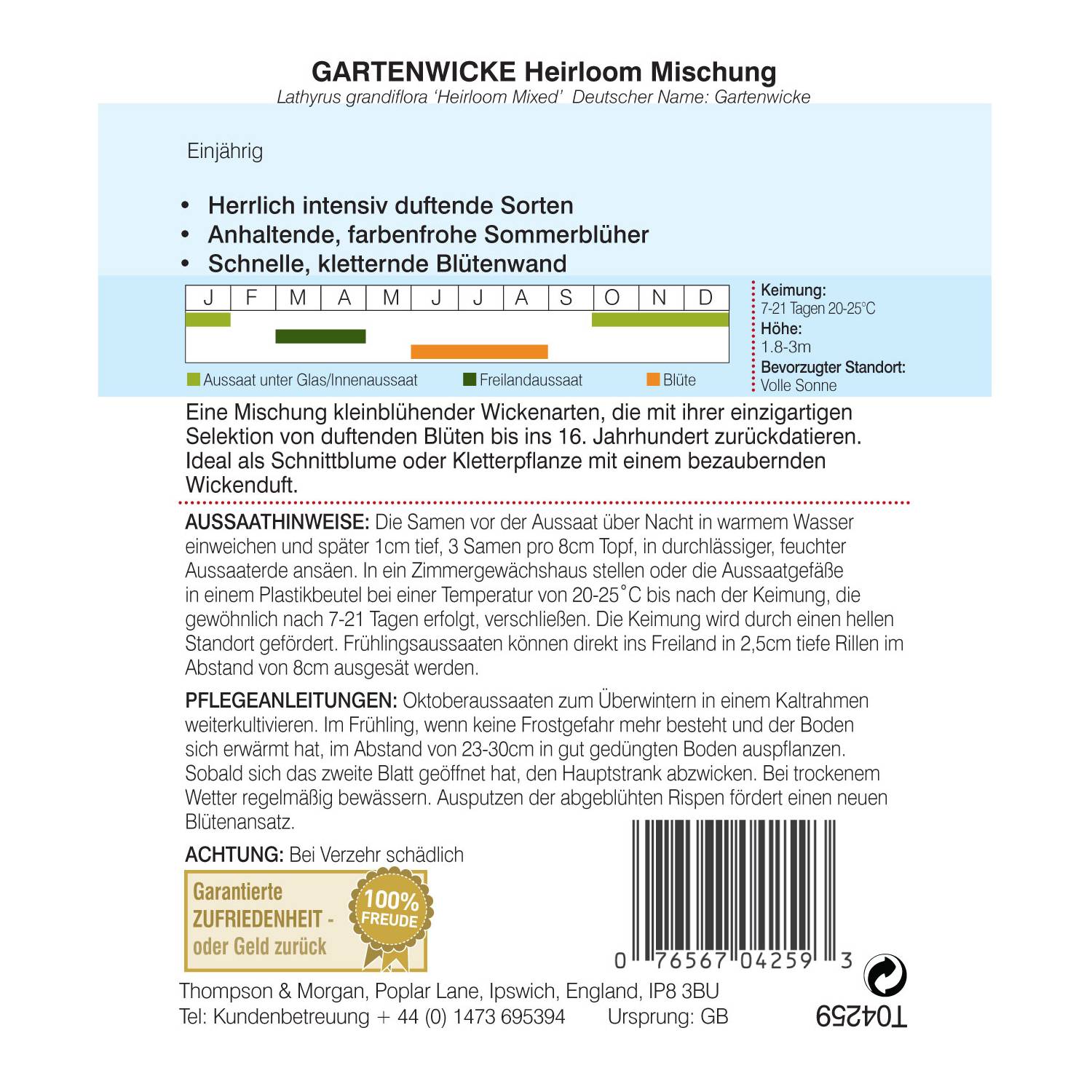 Thompson & Morgan Blumensamen Gartenwicke Heirloom Mischung
