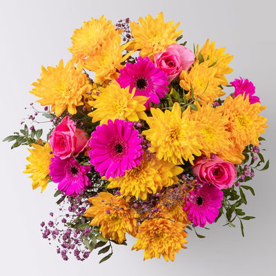 Blumenstrauß 'Prima' pink-orange, handgebunden Blumenstrauß 'Prima' pink-orange, handgebunden