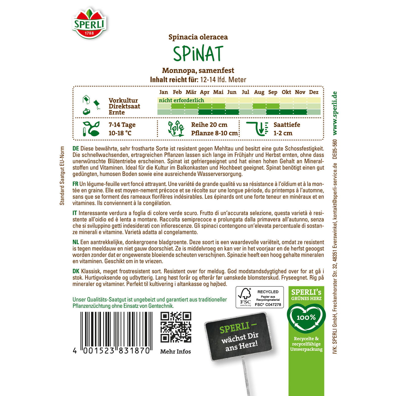 Sperli Saatgut Spinat 'Monnopa', grün