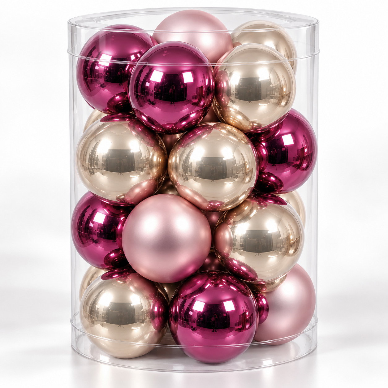 Glas-Kugelmix, 20 Kugeln je Ø 6 cm, puderrosa, perle & dunkelrosa Glas-Kugelmix, 20 Kugeln je Ø 6 cm, puderrosa, perle & dunkelrosa
