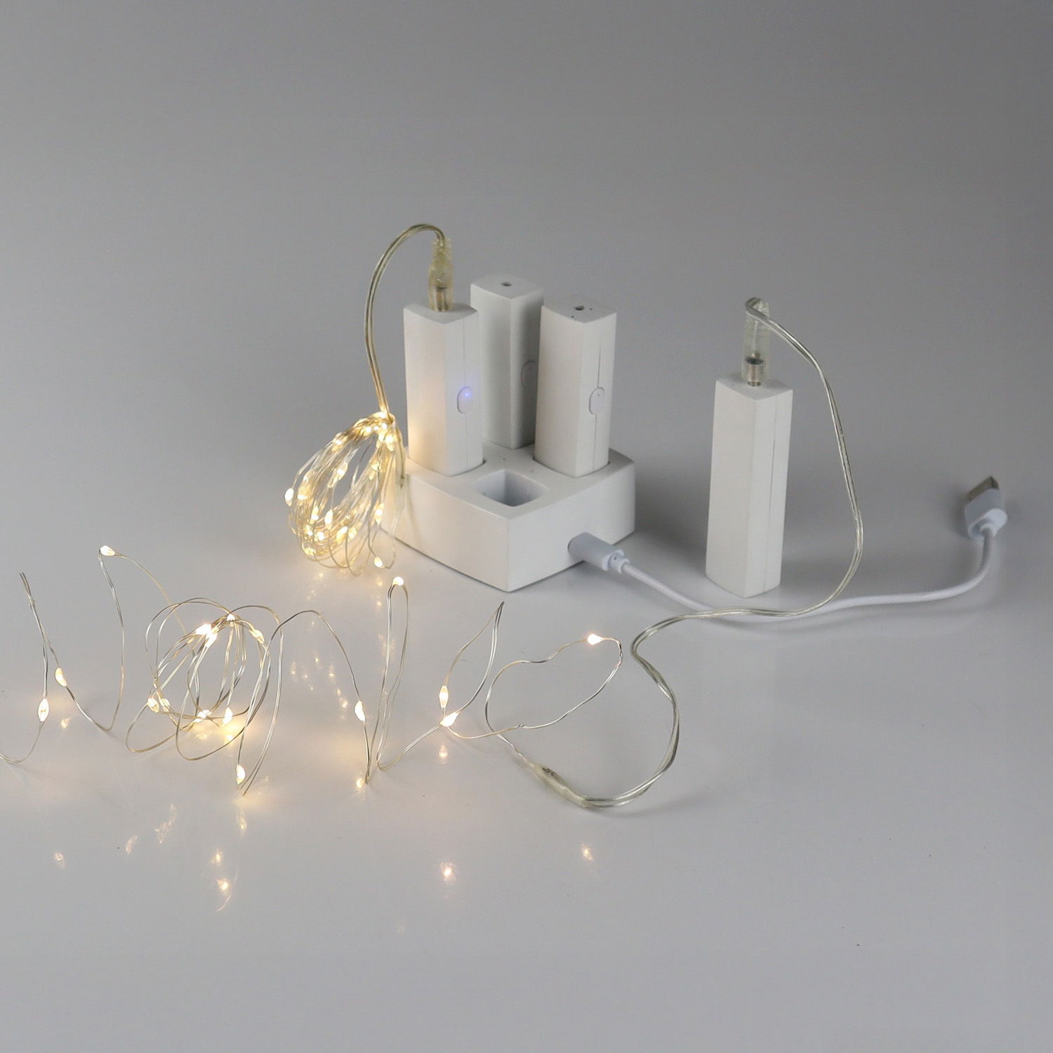 LED-Silberdraht inkl. Powerbank, warmweiß, je 20 LEDs