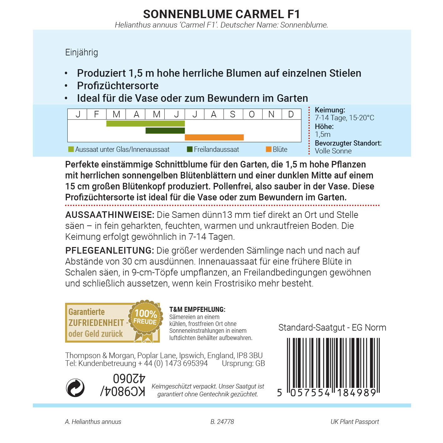 Thompson & Morgan Saatgut Sonnenblume 'Carmel', gelb