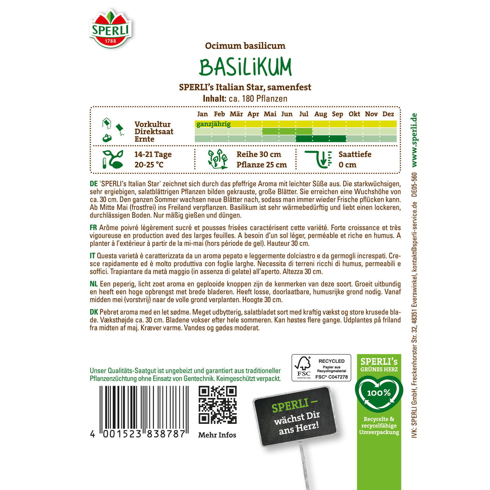 Sperli Saatgut Basilikum 'Sperli’s Italian Star', grün