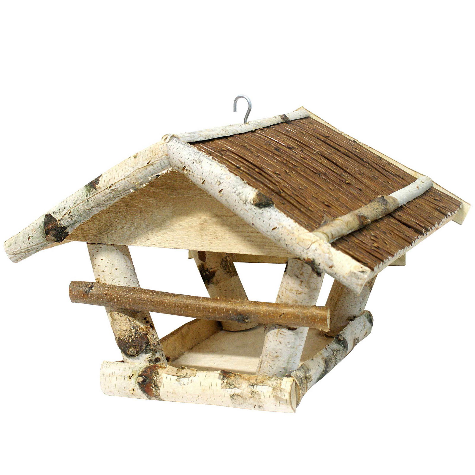 Vogelhaus mit Weidendach, Birke und Kiefer, 38 x 32 x 26 – 29 cm