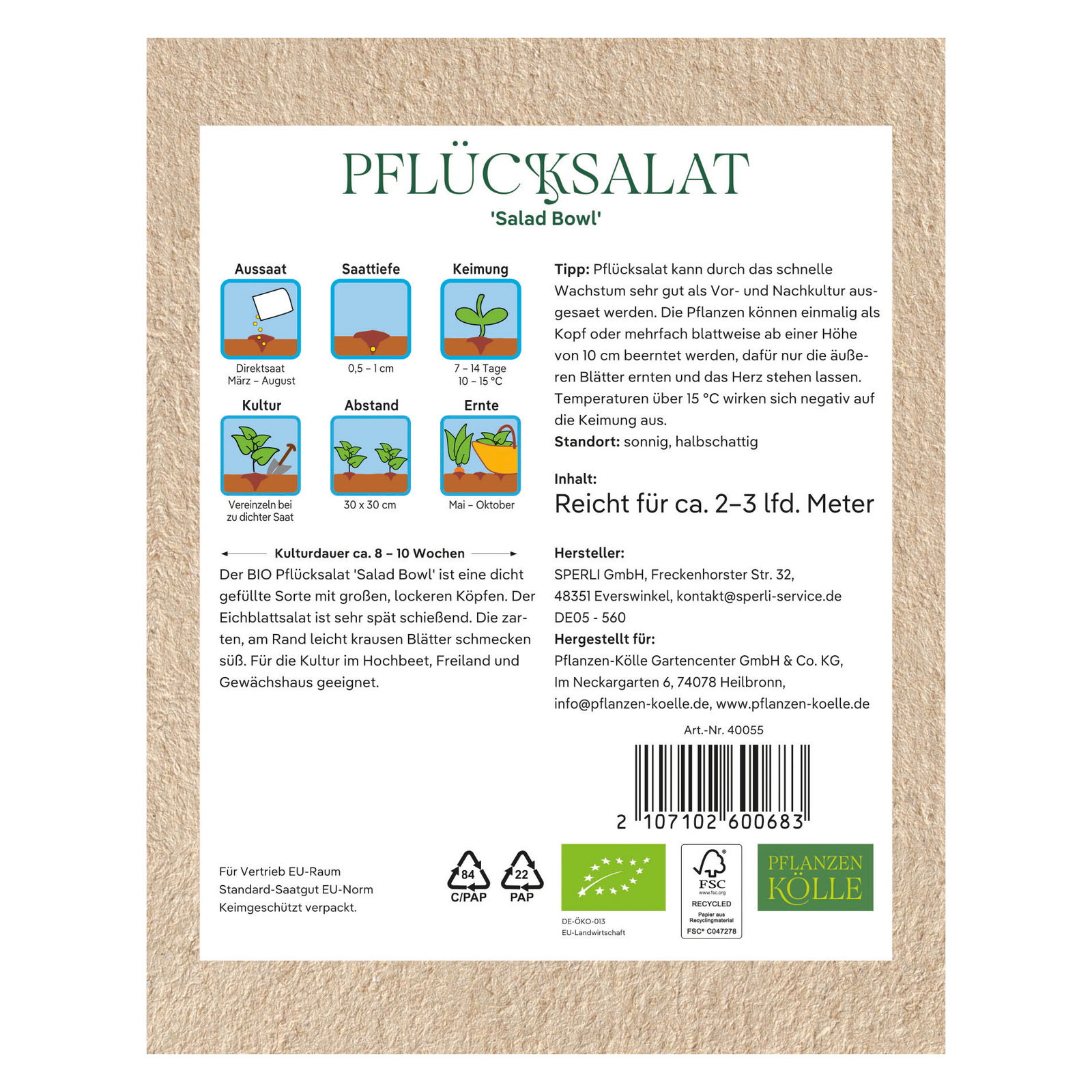 Kölle Bio Saatgut Pflücksalat 'Salad Bowl', grün