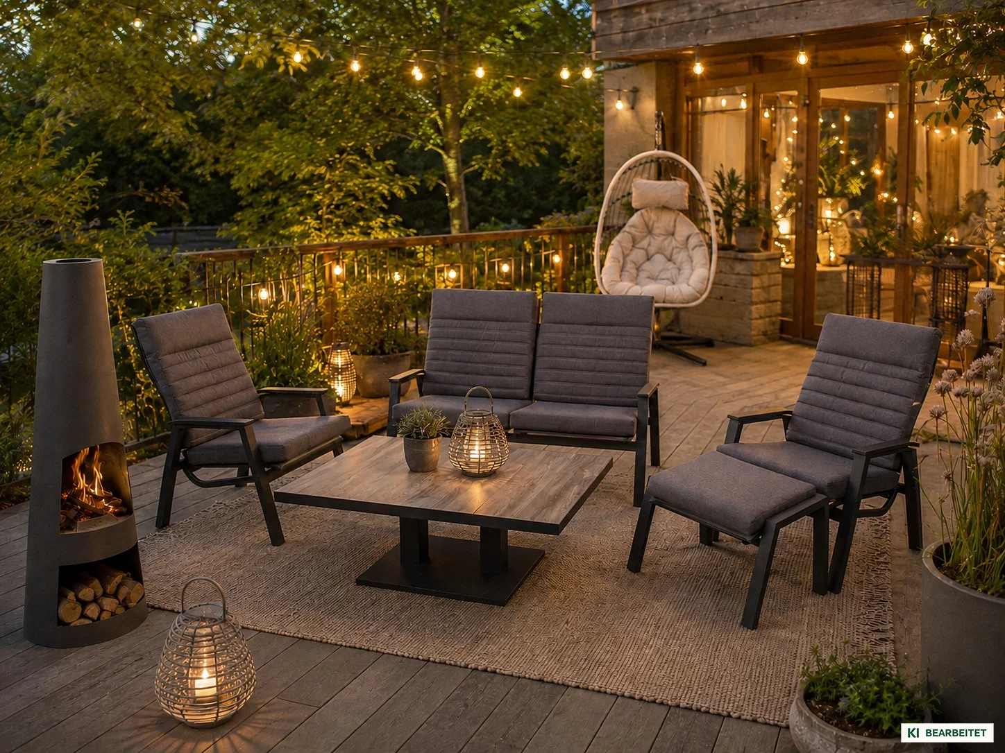 Gemütliche Terrasse an einem Sommerabend mit Solarbeleuchtung und Gartenlounge-Set Paris Gemütliche Terrasse an einem Sommerabend mit Solarbeleuchtung und Gartenlounge-Set Paris