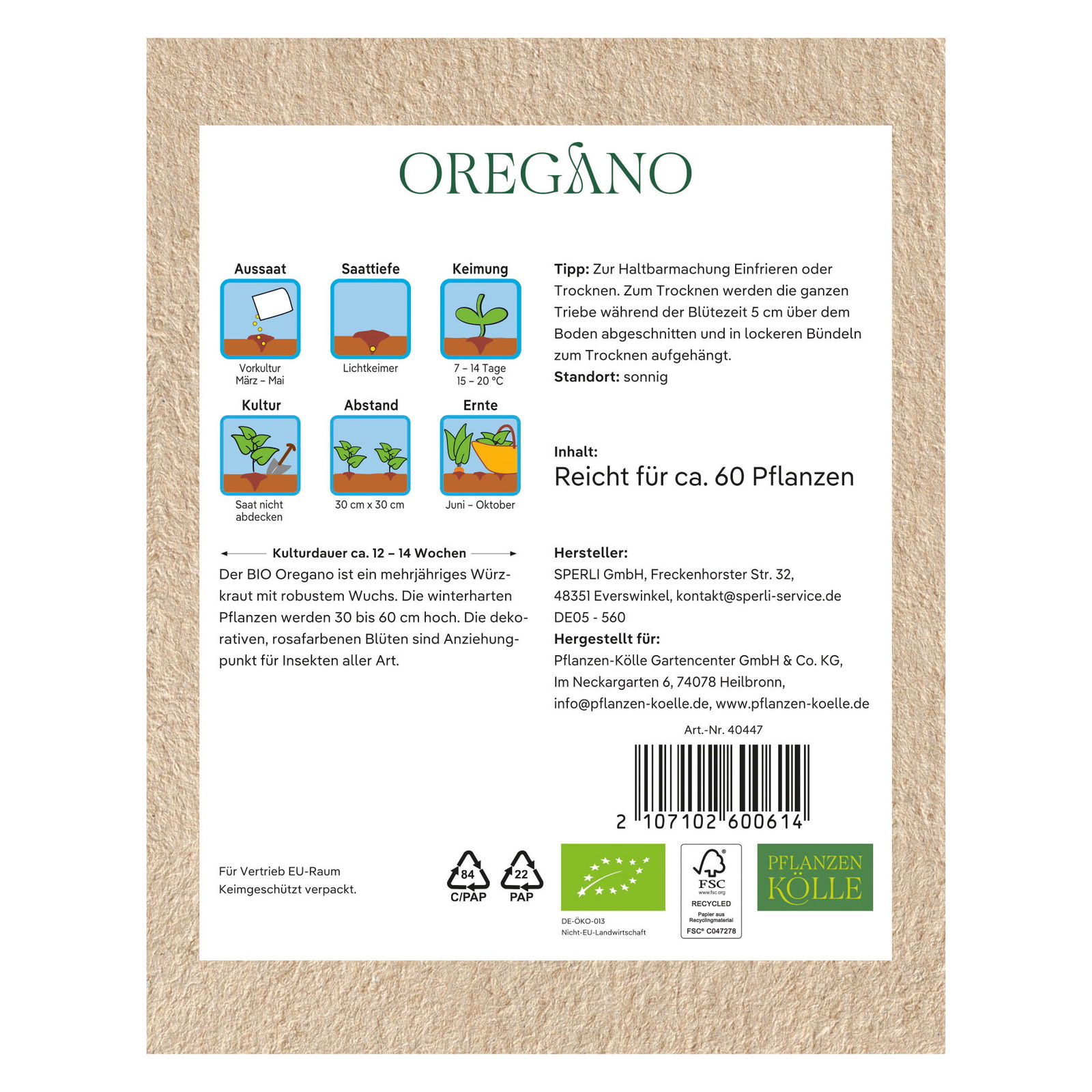 Kölle Bio Saatgut Oregano, grün, rosa