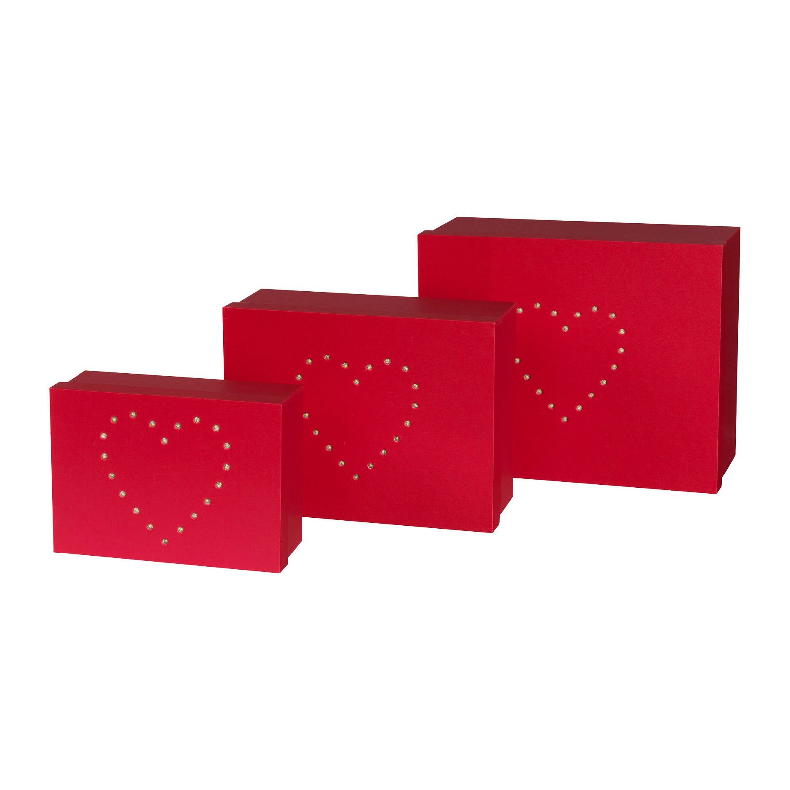 3er-Set Geschenkbox mit LED-Herz, rechteckig, Rot