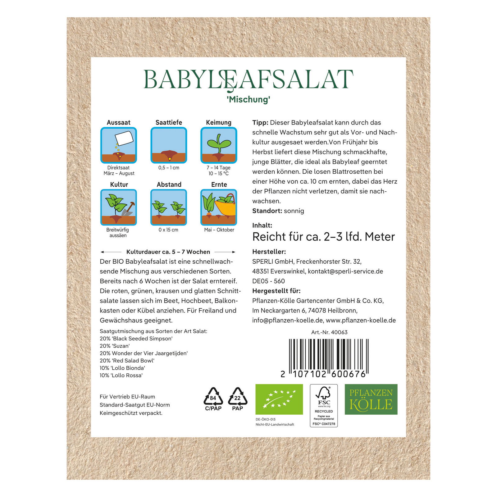 Kölle Bio Saatgut Babyleaf-Salat 'Mesclun', grün