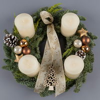 Dekorierter Adventskranz mit Kerzen in Wollweiß, Mix-Grün, ca. 35 cm Ø