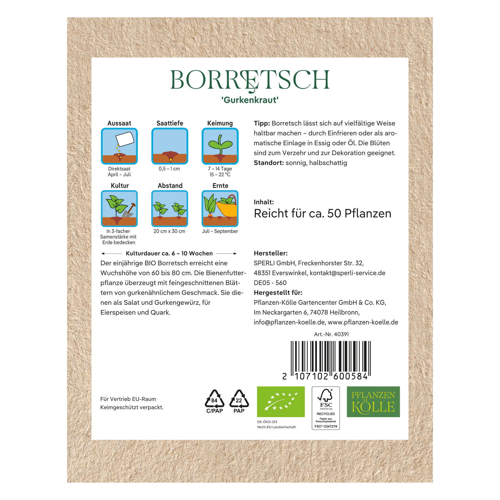 Kölle Bio Saatgut Borretsch Gurkenkraut, blau