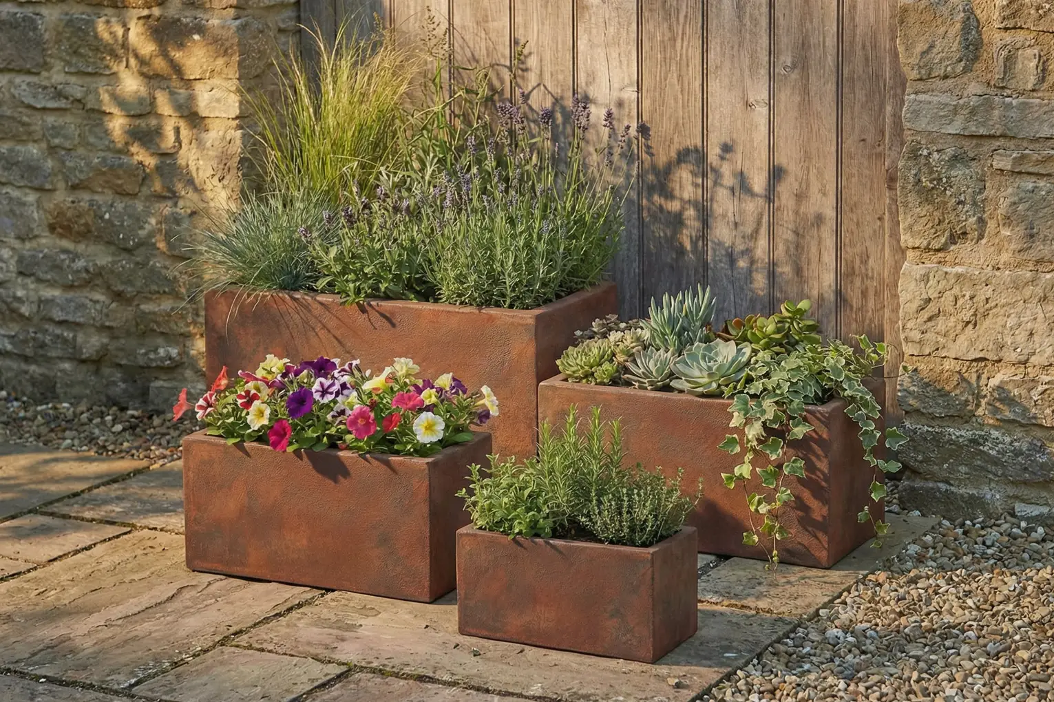 Outdoor-Pflanzgefäße-Set auf einer mediterranen Terrasse bepflanzt mit Stauden, Kräutern, Blumen und Sukkulenten. Outdoor-Pflanzgefäße-Set auf einer mediterranen Terrasse bepflanzt mit Stauden, Kräutern, Blumen und Sukkulenten.