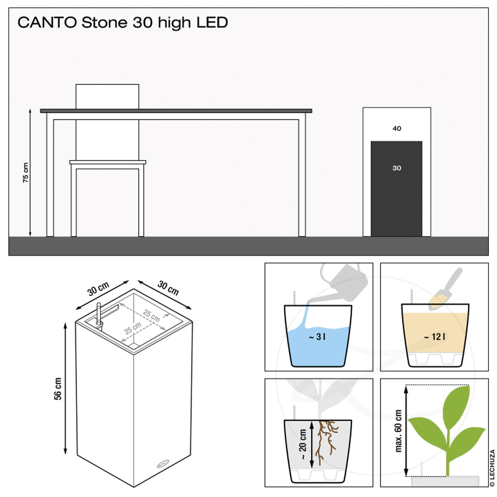 Lechuza 'Canto Stone 30 high LED', steingrau, 30 x 30 x H 56 cm