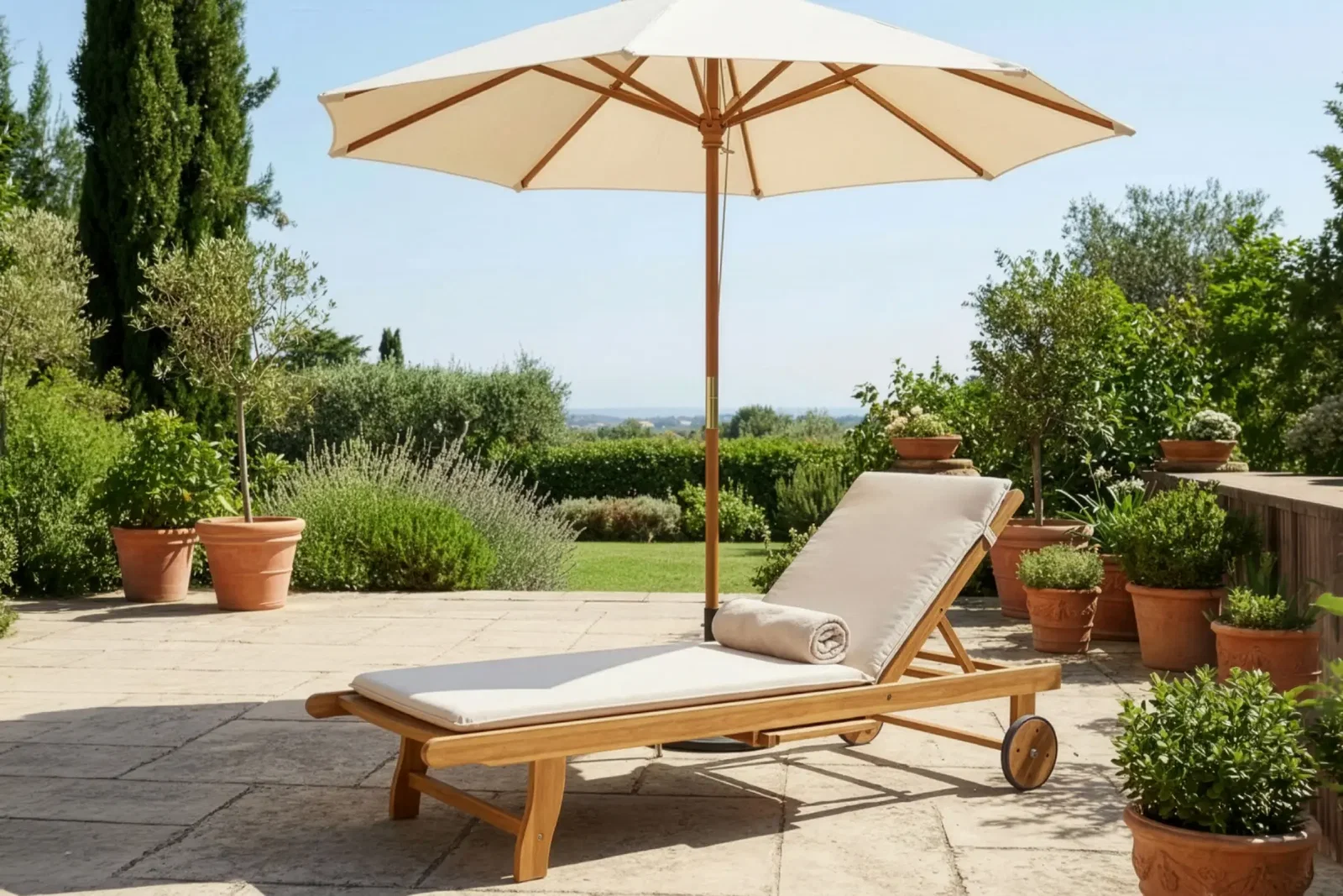 Gemütliche Sonnenliege auf grüner Terrasse unter einem beigen Sonnenschirm Gemütliche Sonnenliege auf grüner Terrasse unter einem beigen Sonnenschirm