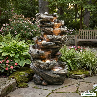 Gartenbrunnen mit Warmlicht, Echtholzoptik, 61 x 45 x 102 cm