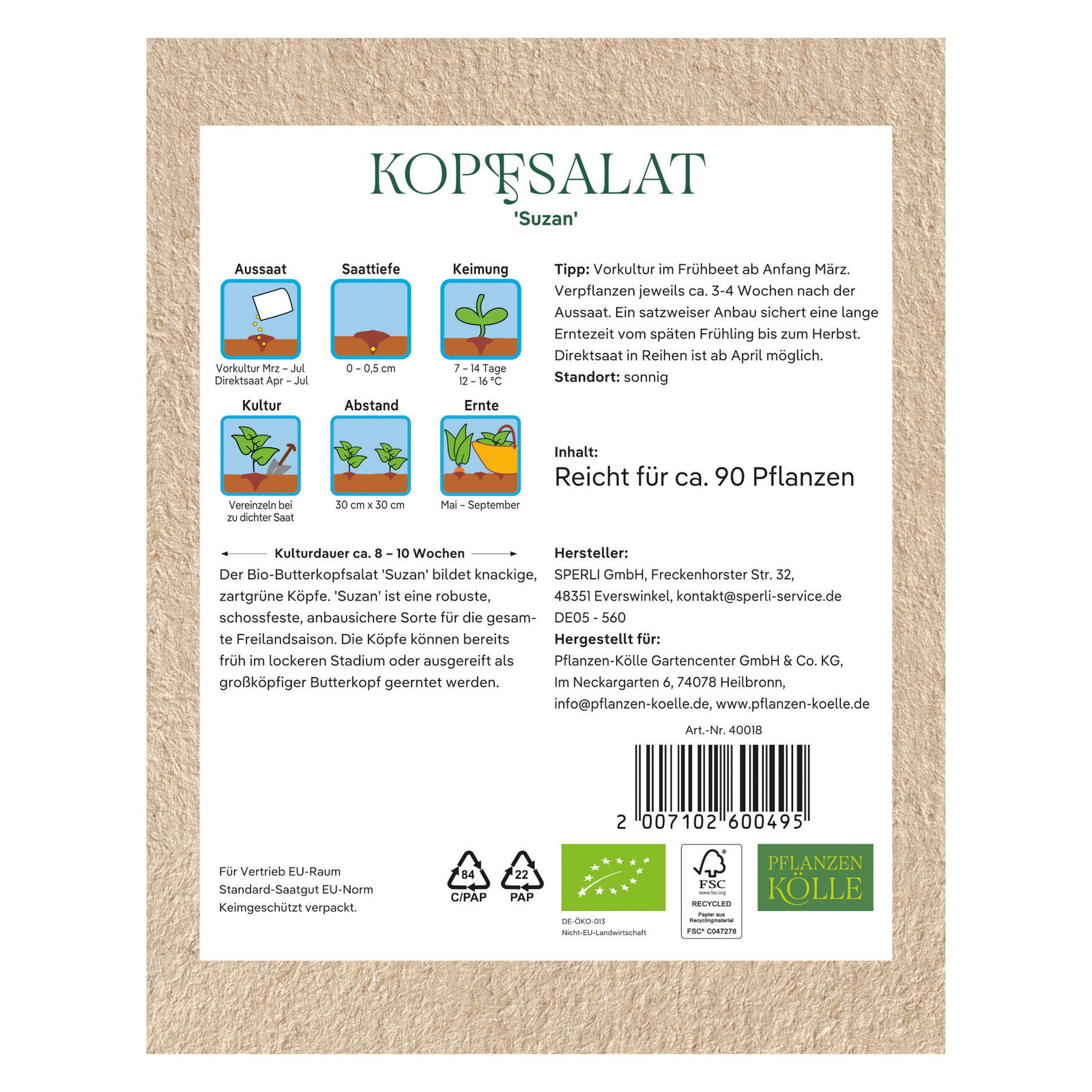 Kölle Bio Gemüsesamen, Kopfsalat 'Suzan'