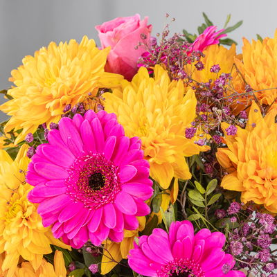 Blumenstrauß 'Prima' pink-orange, handgebunden Blumenstrauß 'Prima' pink-orange, handgebunden