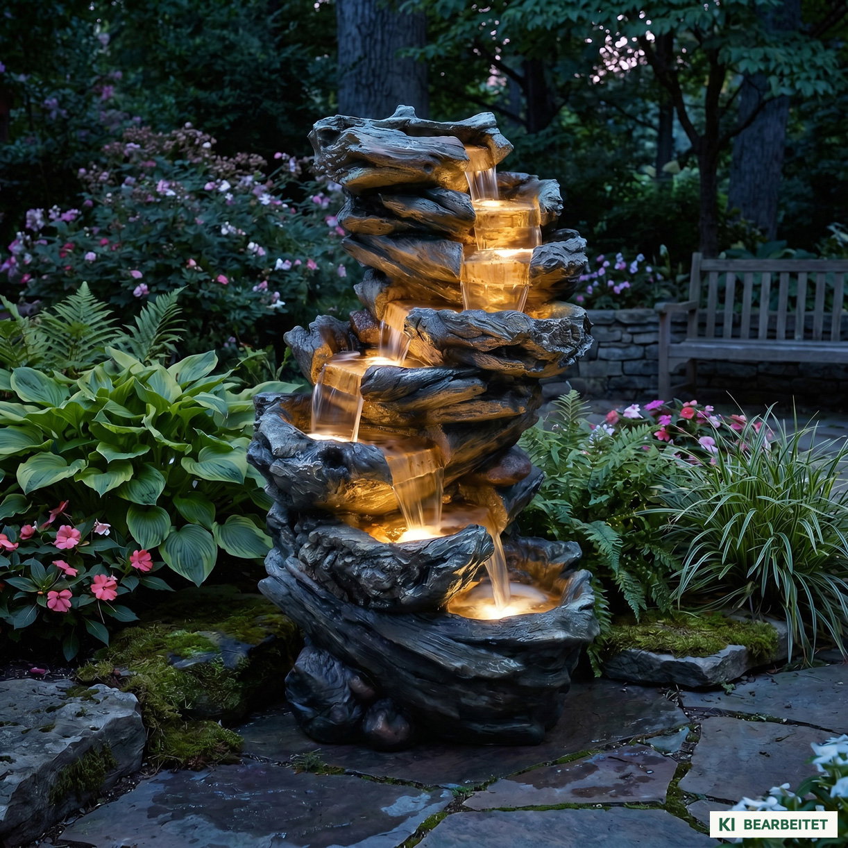Gartenbrunnen mit Warmlicht, Echtholzoptik, 61 x 45 x 102 cm