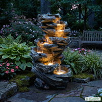 Gartenbrunnen mit Warmlicht, Echtholzoptik, 61 x 45 x 102 cm