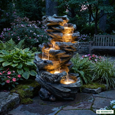 Gartenbrunnen mit Warmlicht, Echtholzoptik, 61 x 45 x 102 cm