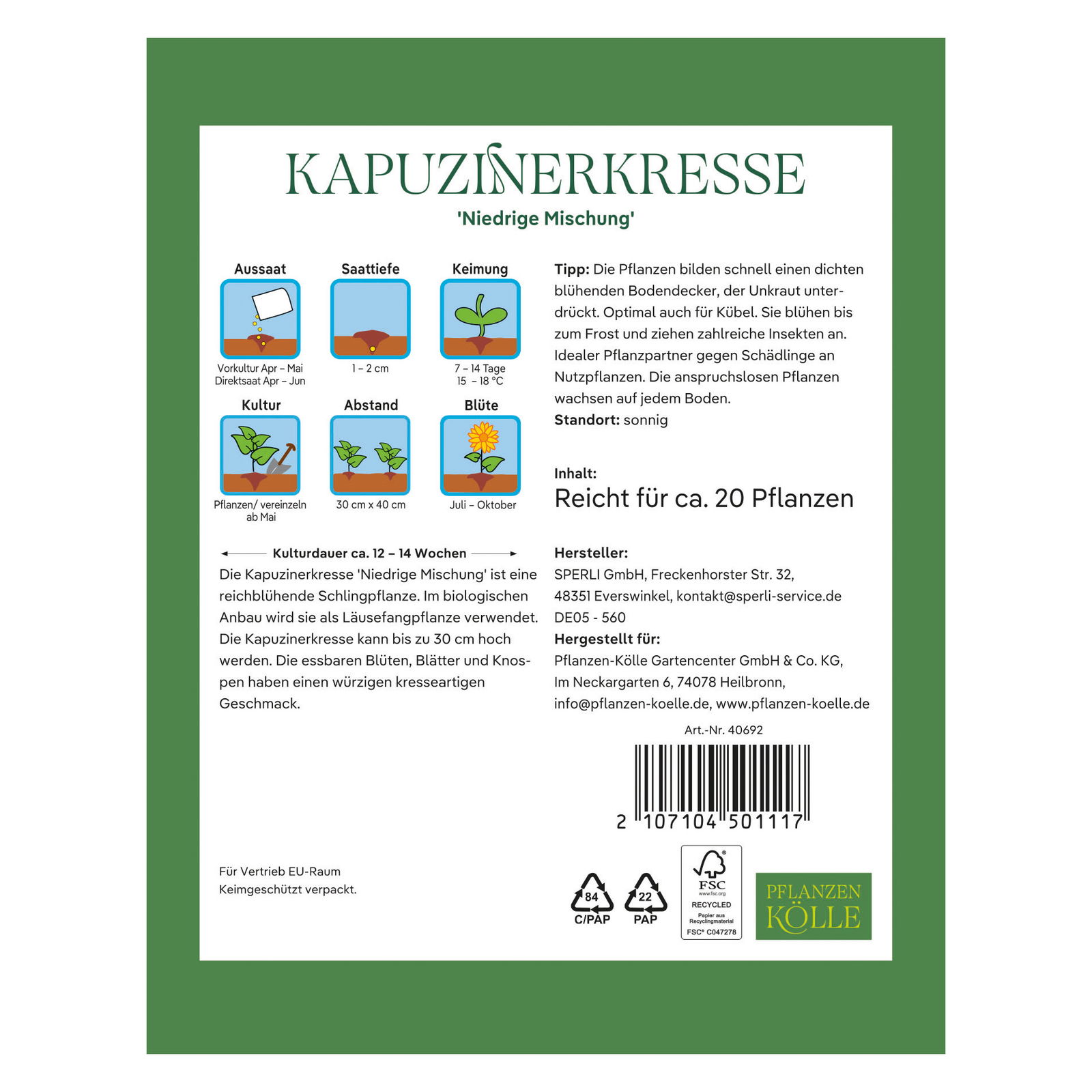Kölles Beste Blumensamen, Kapuzinerkresse 'Niedrige Mischung'