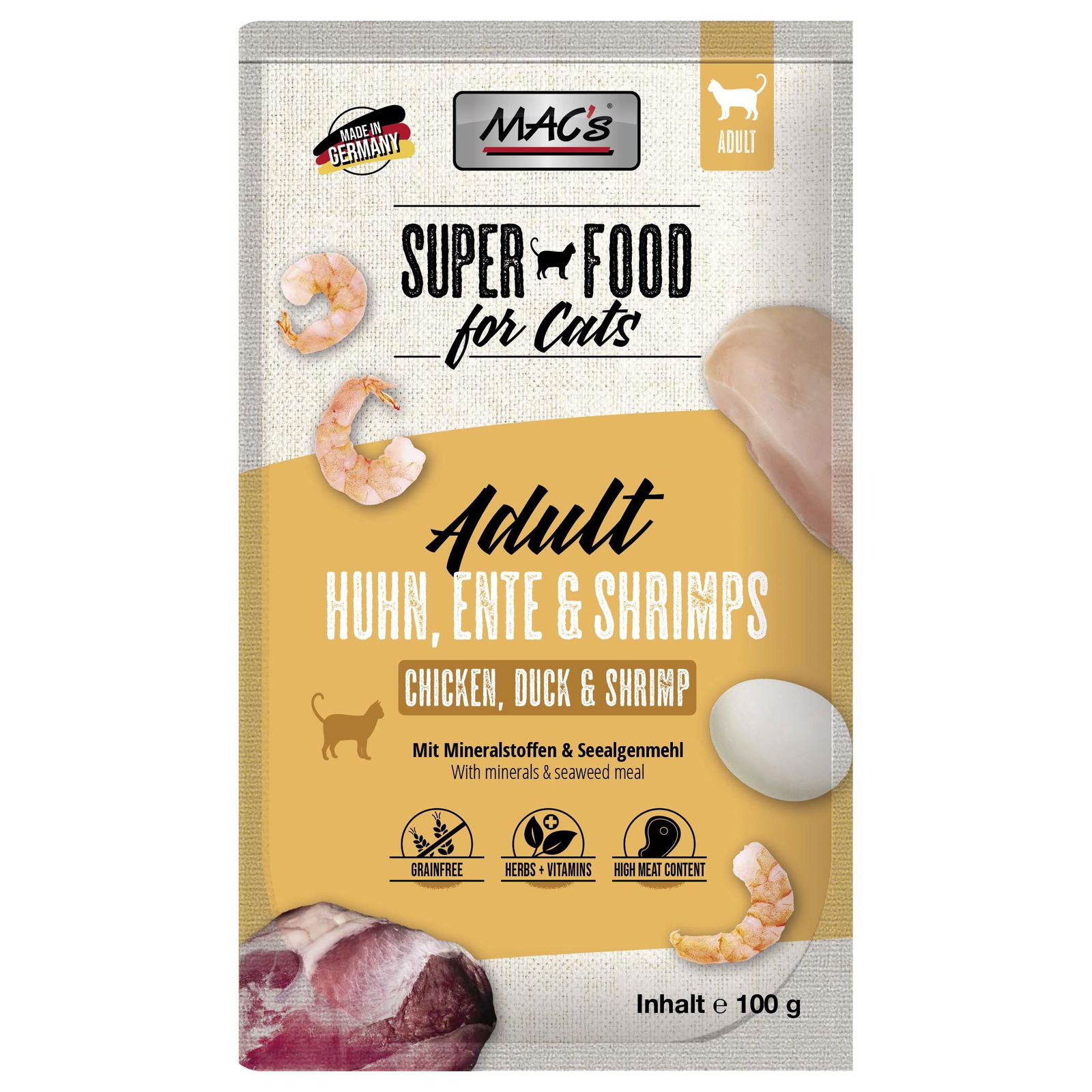 MAC'S Cat Pouch Packs, Huhn, Ente & Shrimps, Nassfutter, 100 g