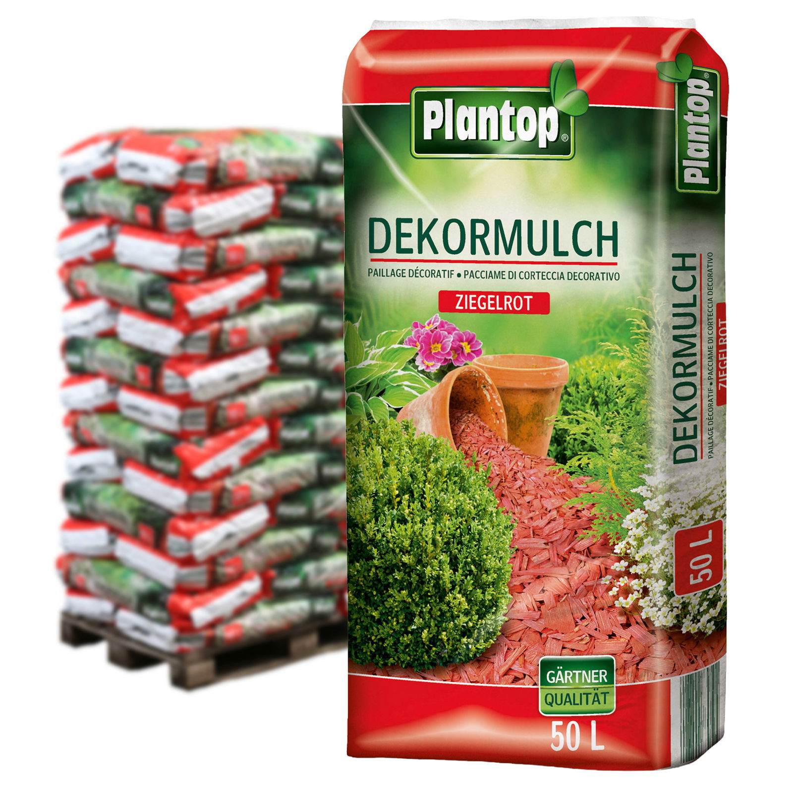 Plantop Dekormulch, ziegelrot, 39 Sack á 50 l, gesamt 1950 Liter