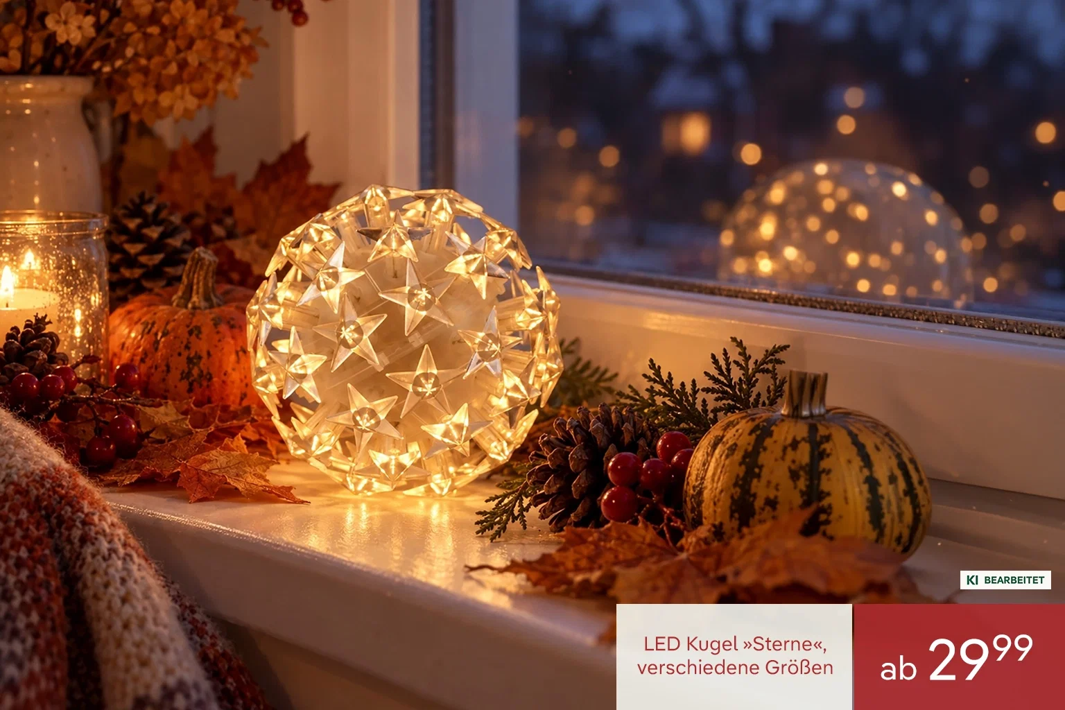 LED Kugel Sterne strahlt auf herbstlich dekorierter Fensterbank