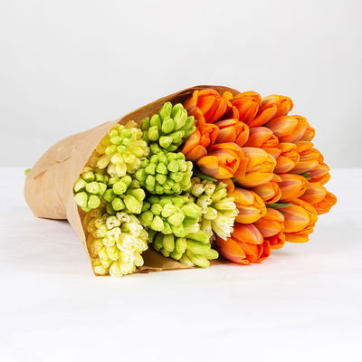 Schnittblumen-Mix aus 20 orangenen Tulpen & 9 weißen Hyazinthen