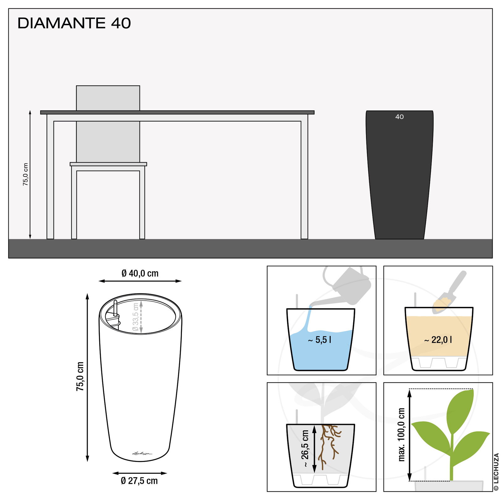 Lechuza® 'Diamante Premium 40', weiß, 40 x 75 cm