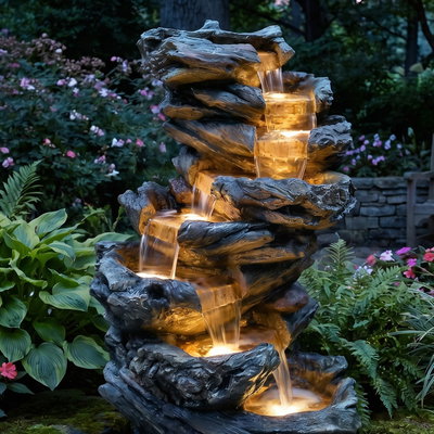 Gartenbrunnen mit Warmlicht, Echtholzoptik, 61 x 45 x 102 cm Gartenbrunnen mit Warmlicht, Echtholzoptik, 61 x 45 x 102 cm