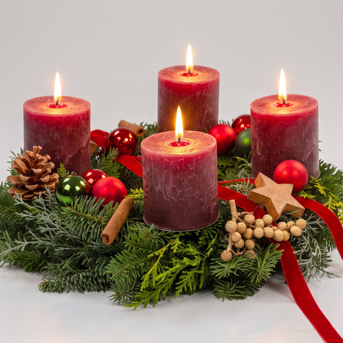 Dekorierter Adventskranz mit Kerzen in Karminrot, Mix-Grün, ca. 35 cm Ø Dekorierter Adventskranz mit Kerzen in Karminrot, Mix-Grün, ca. 35 cm Ø