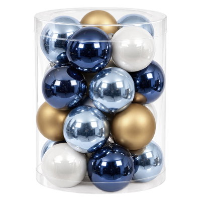 Glas-Kugelmix, 20 Kugeln je Ø 6 cm, winterblau, blau, karamell & nachtblau Glas-Kugelmix, 20 Kugeln je Ø 6 cm, winterblau, blau, karamell & nachtblau