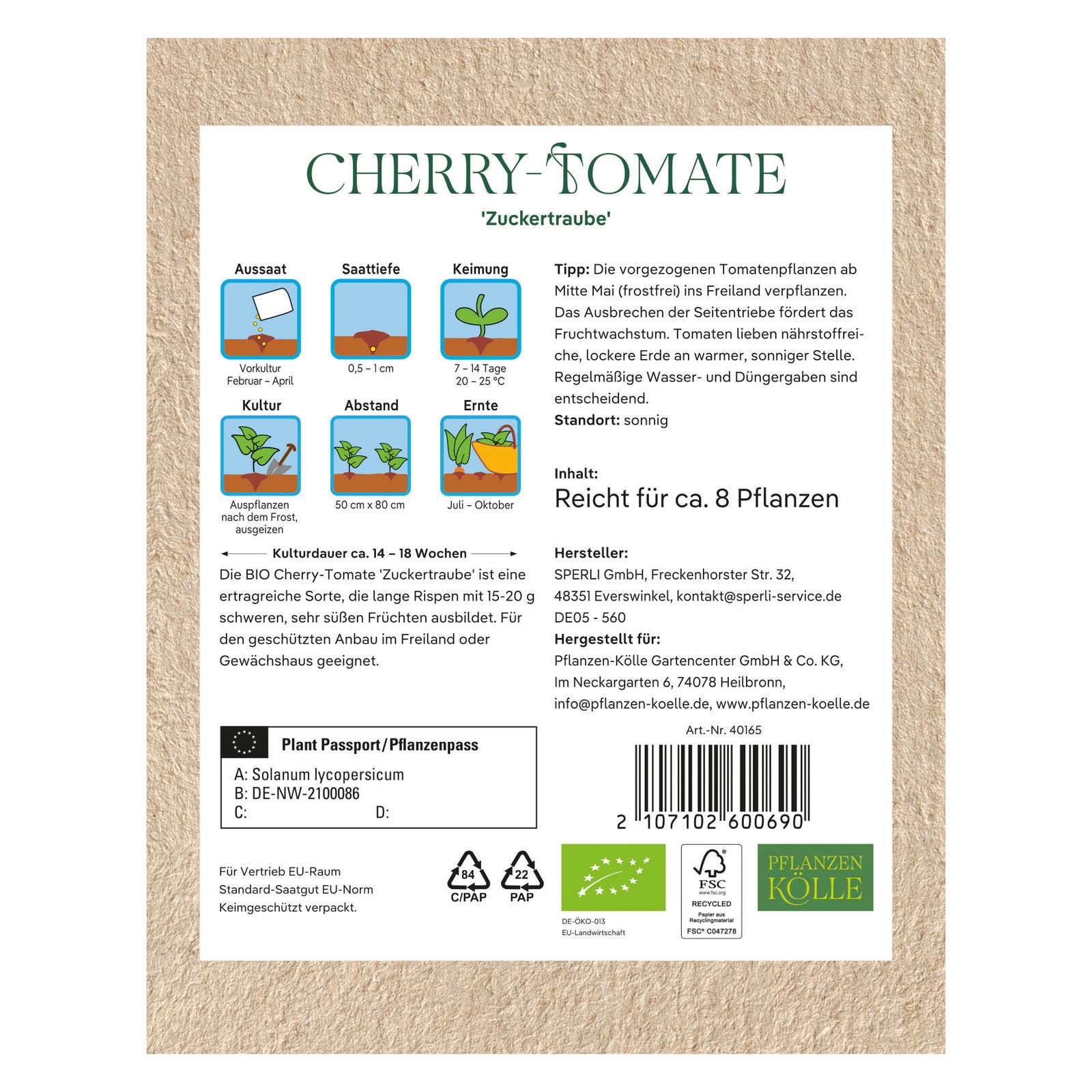 Kölle Bio Saatgut Cherry-Tomate 'Zuckertraube', rot