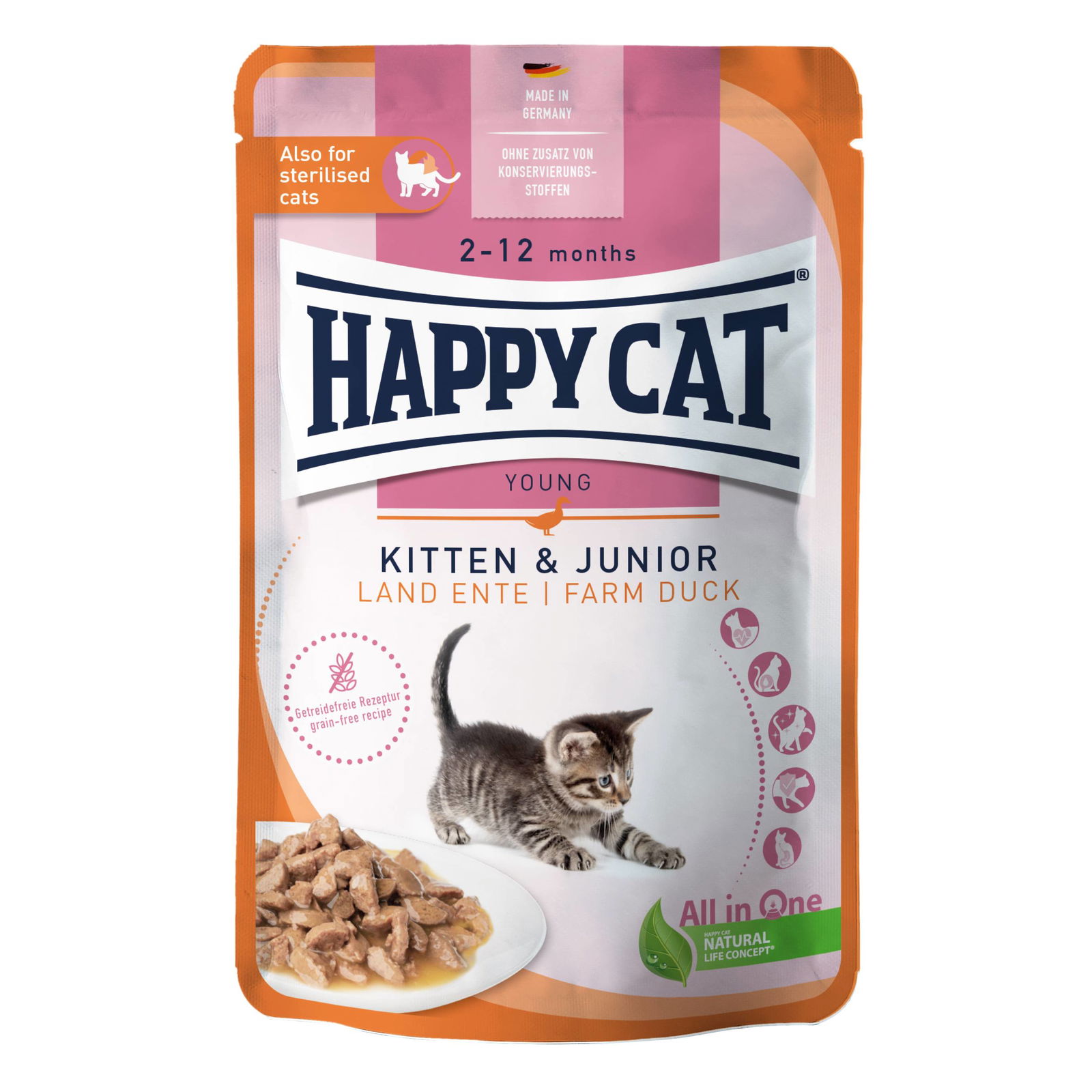 Nassfutter, Happy Cat PB Kitten und Junior, Ente in Soße, 85 g