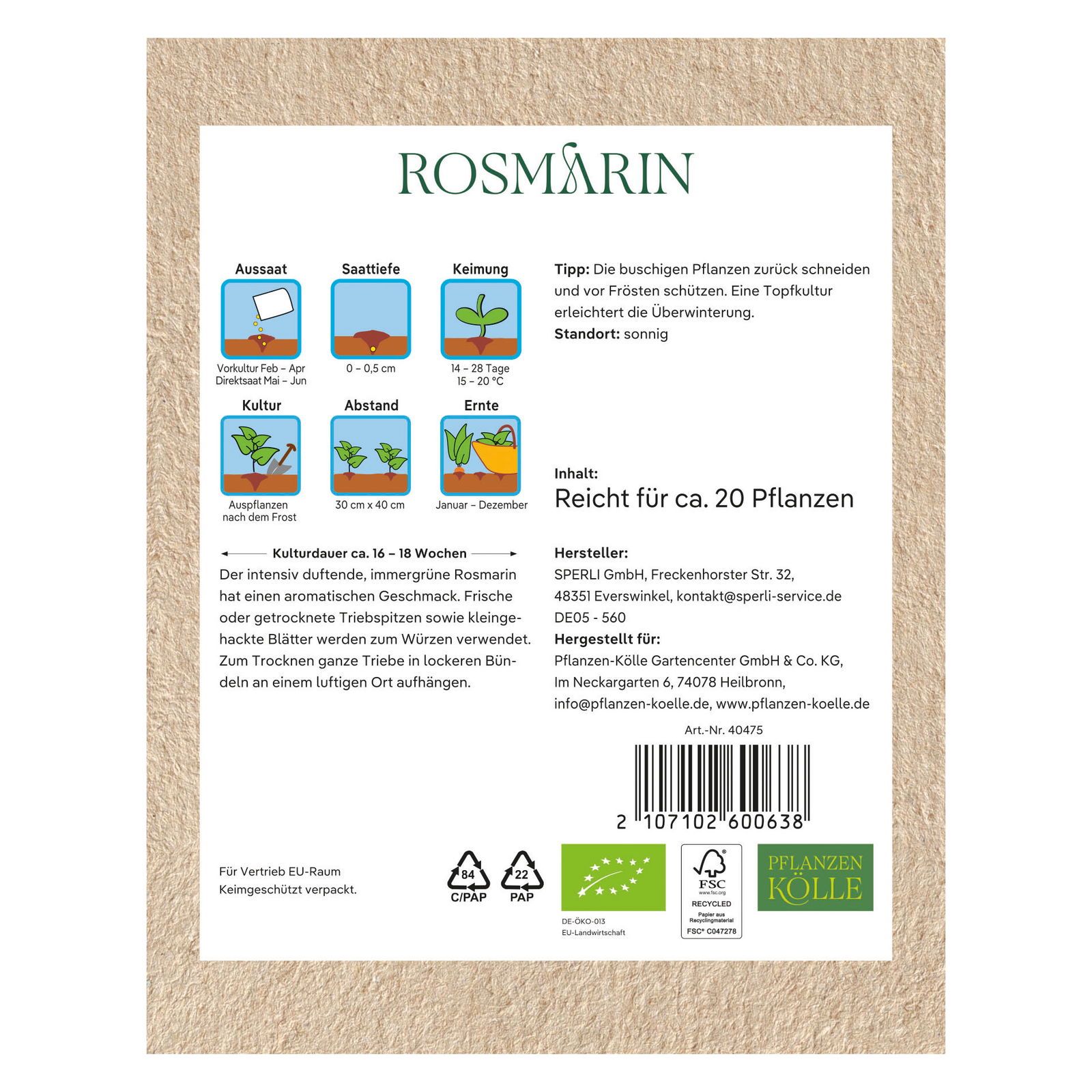 Kölle Bio Saatgut Rosmarin, grün