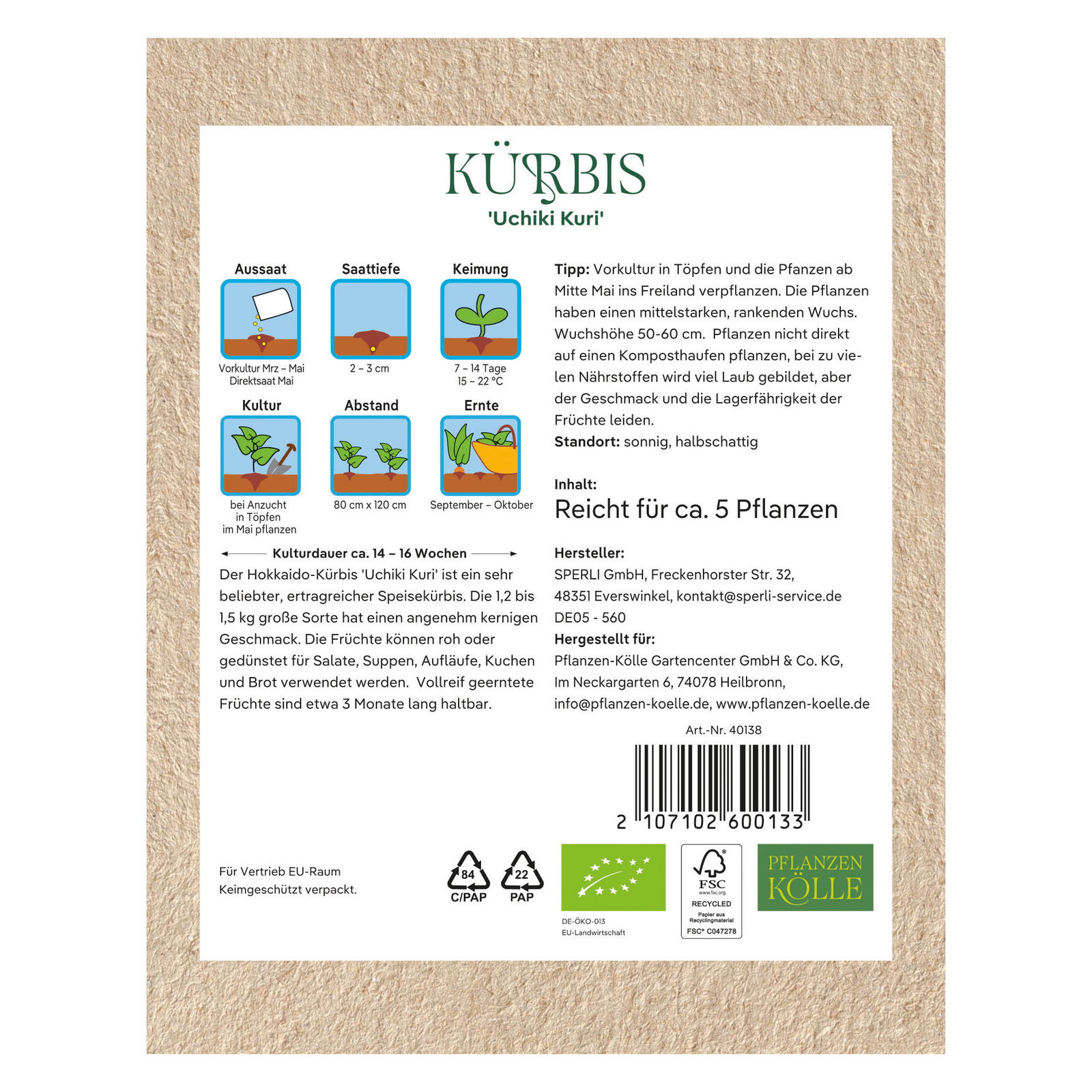 Kölle Bio Gemüsesamen, Kürbis 'Uchiki Kuri'