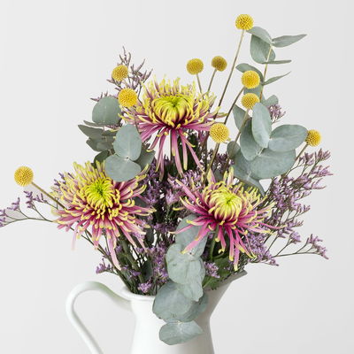 Bunter Schnittblumen-Mix mit Craspedia, Eukalyptus & Chrysanthemen