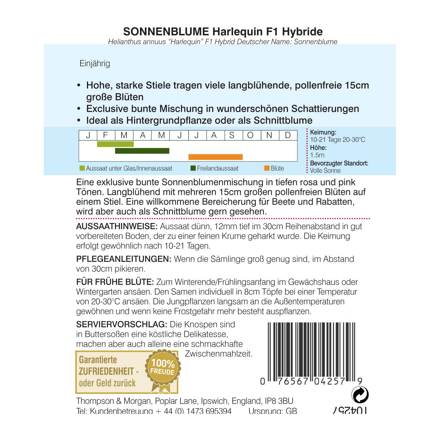 Thompson & Morgan Blumensamen Sonnenblume Harlequin F1 Hybride