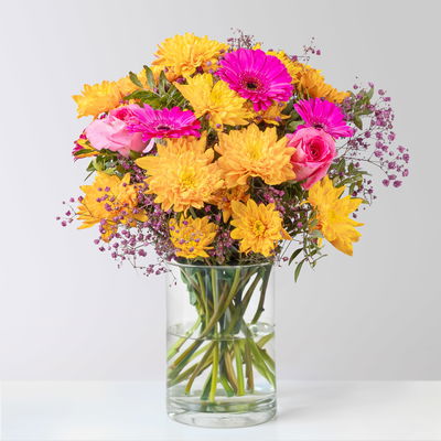 Blumenstrauß 'Prima' pink-orange, handgebunden Blumenstrauß 'Prima' pink-orange, handgebunden