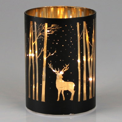 LED-Windlicht mit Hirschmotiv, schwarz, Ø 9 x H 14 cm