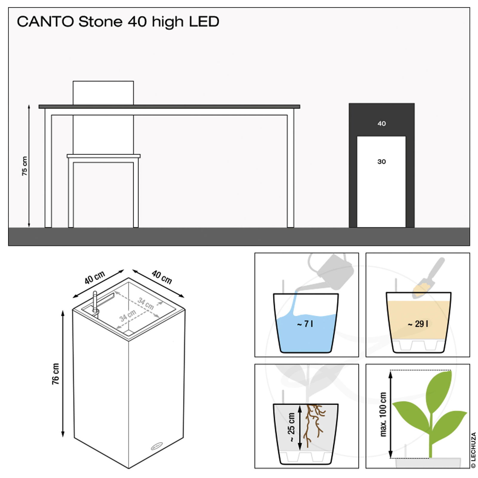 Lechuza 'Canto Stone 40 high LED', steingrau, 40 x 40 x H 76 cm